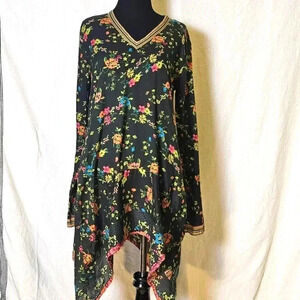 Johnny‎ Was Asymetrical Black Floral Tunic Boho,hippie,Top SZ XS